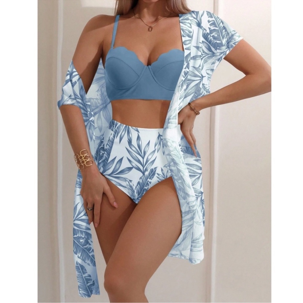 Boho Baby Blue Tropical Leaf High Waisted Bikini Swimsuit Cover Up Set S M L XL
